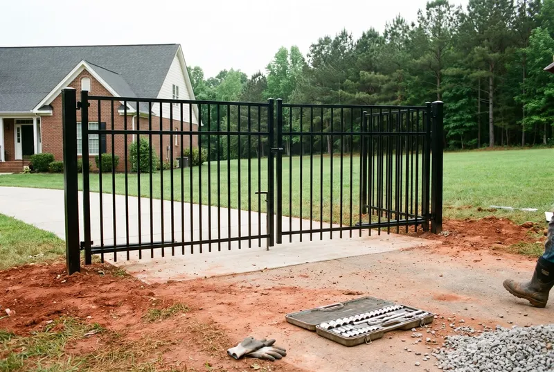 Double swing black aluminum driveway gate at a concrete drive (sample photo)