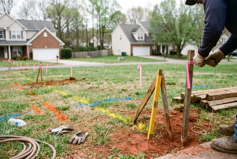String line and flagging stakes along a front-yard fence line (sample photo)