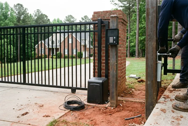 Keypad and intercom station beside a sliding aluminum driveway gate (sample photo)