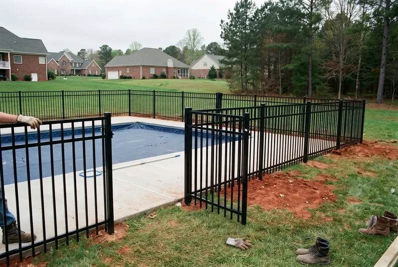 Black aluminum pool fence with a self-closing gate (sample photo)