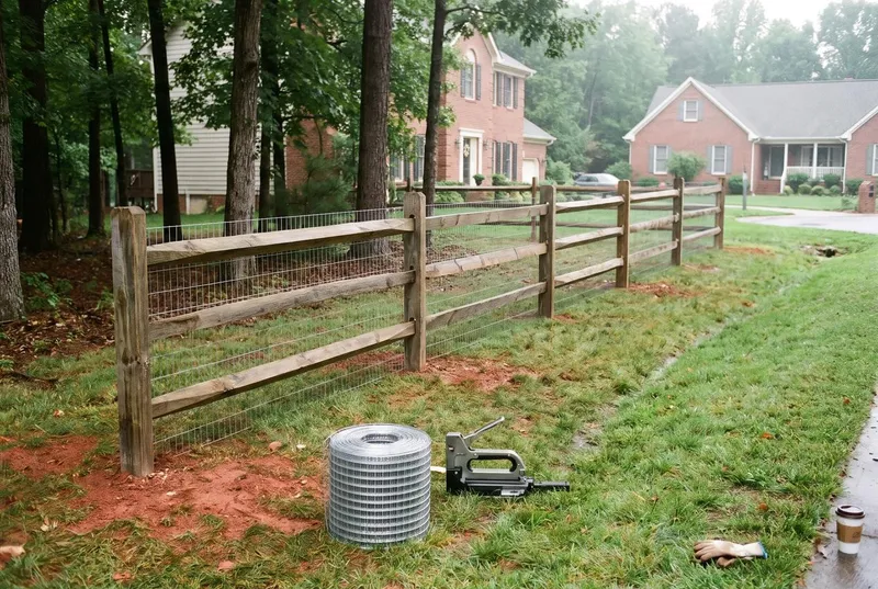 Two-rail cedar split rail fence with welded wire along a wooded front yard (sample photo)