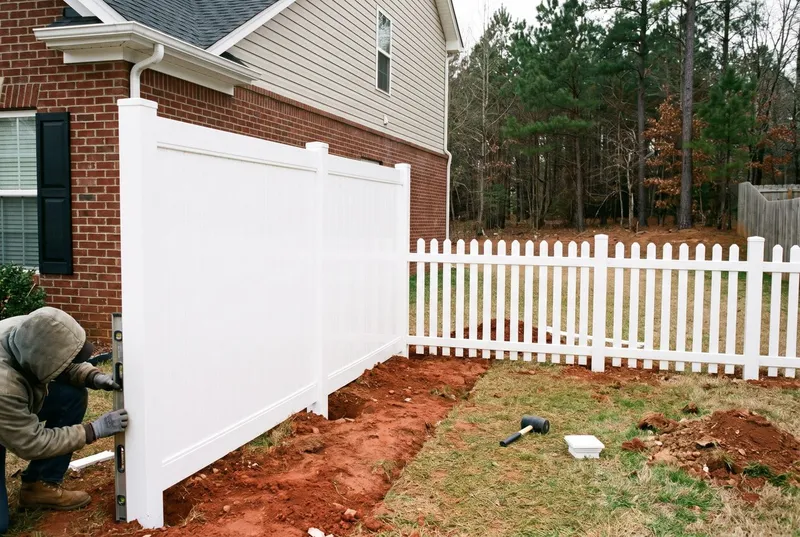 White vinyl privacy fence stepping to picket at the front corner (sample photo)